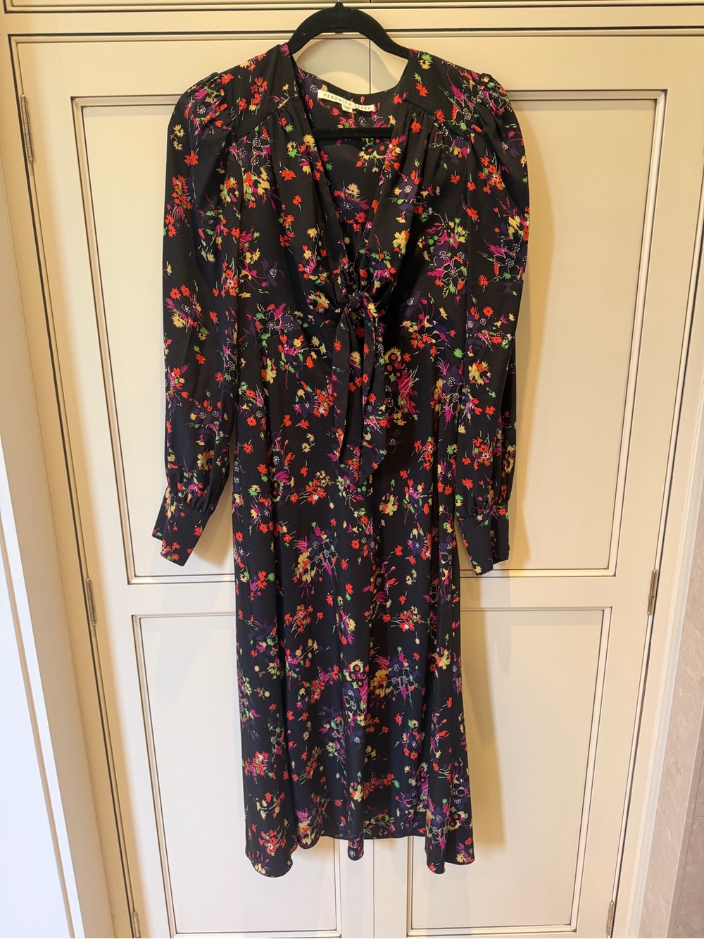 Veronica Beard Black Floral Tie-Front Midi Dress